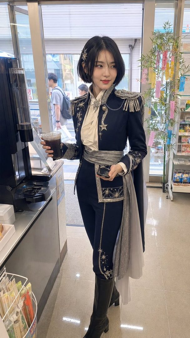 A young East Asian woman with short black hair, wearing an ornate dark blue military-style suit with silver embroidery and a white ruffled blouse, holds a cup of iced coffee in a convenience store.