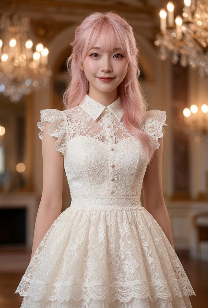 A charming woman with long pink hair and bangs smiles while wearing an elegant white lace dress with pearl buttons in a luxurious room with chandeliers.