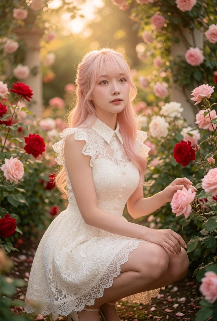A young woman with long pink hair wearing a white lace dress crouches in a rose garden during golden hour, gently touching a pink rose.