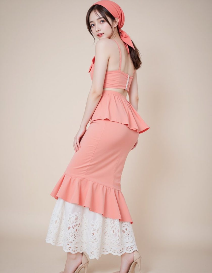 A young East Asian woman in a coral peplum top and white eyelet skirt, posing in a studio.