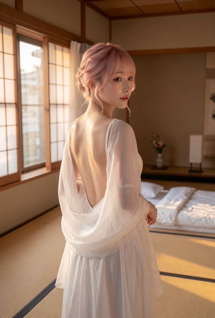 A woman with pink hair in a white backless dress looks over her shoulder in a traditional Japanese room.