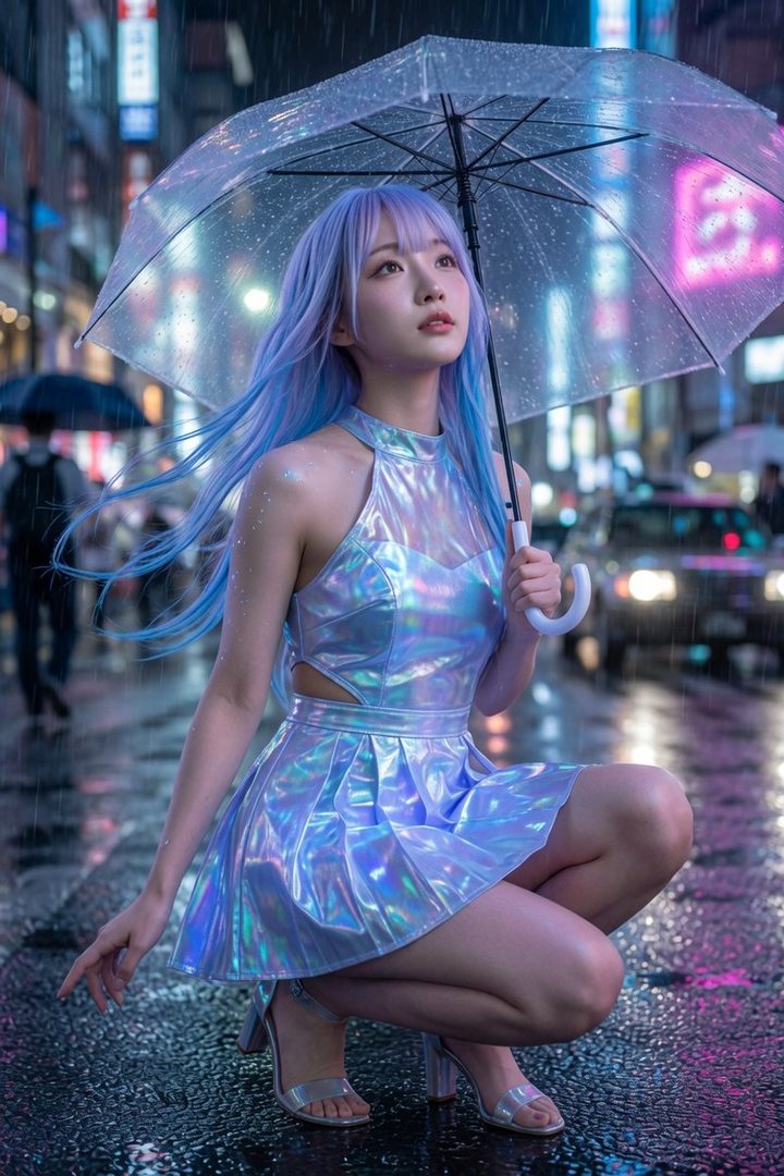 A woman with long blue and purple hair crouches on a wet city street at night, holding a clear umbrella, wearing a shimmering holographic dress.