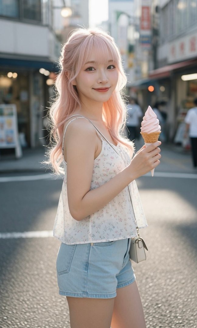 A young woman with long pink hair and bangs, wearing a floral camisole and denim shorts, smiles while holding an ice cream cone on a sunny city street.