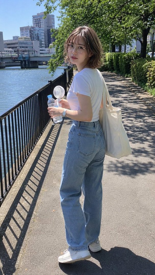 A young woman with short brown hair and glasses, wearing a white t-shirt and jeans, stands by a river in a city on a sunny day, holding a portable fan and a water bottle.