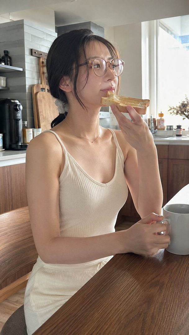 A young woman with glasses eating toast and holding a mug in a bright kitchen.