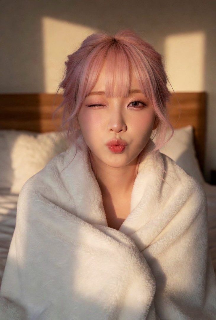 A woman with pink hair winks and pouts while wrapped in a white blanket, bathed in golden hour light in a bedroom.