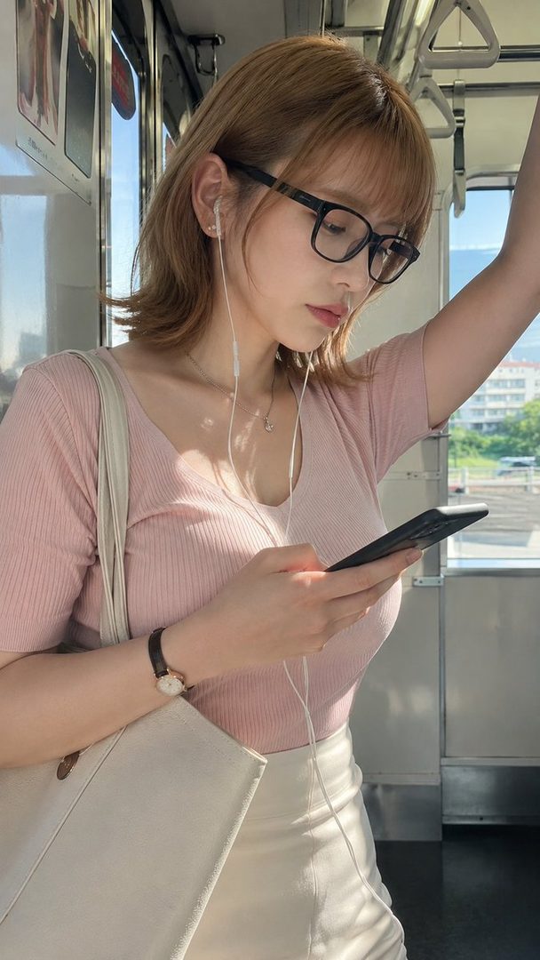 A young woman with short brown hair and glasses, wearing a pink top and white skirt, listens to music on her phone while riding a train.