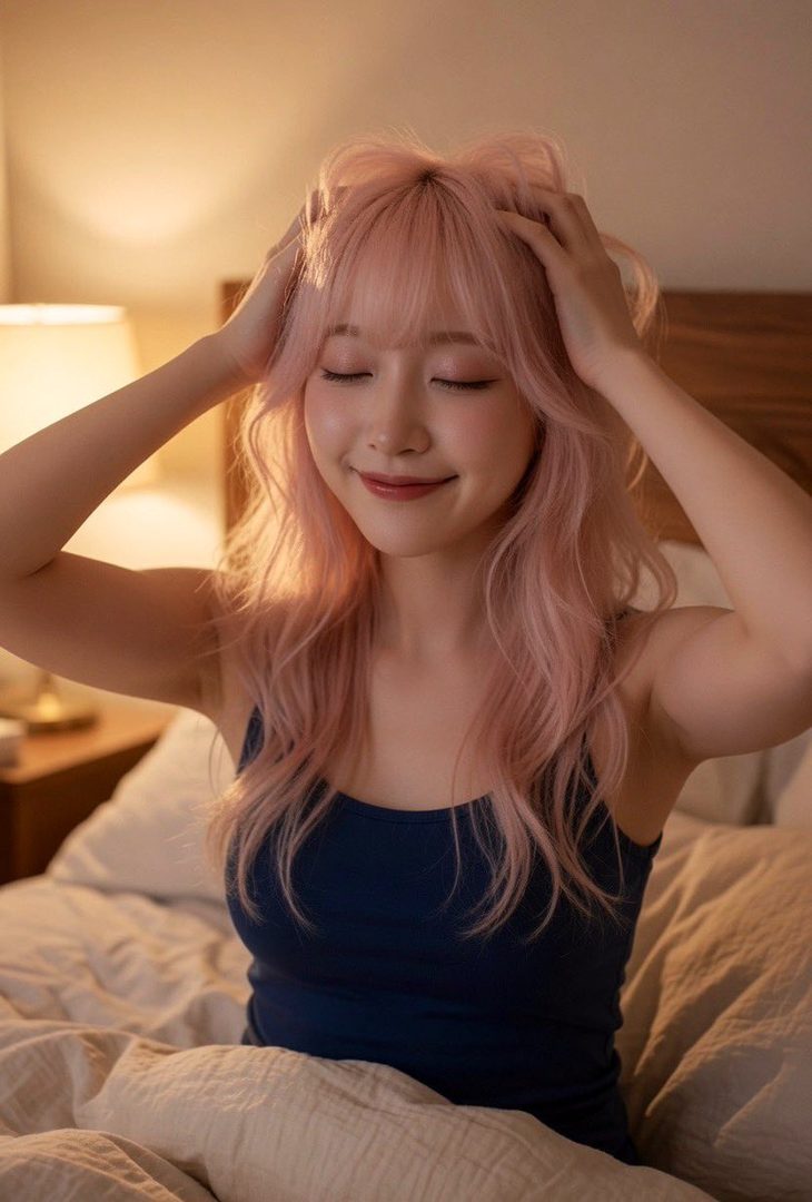 A young woman with pink wavy hair and bangs, wearing a navy blue tank top, smiles with her eyes closed while sitting in a cozy bedroom with warm lighting.