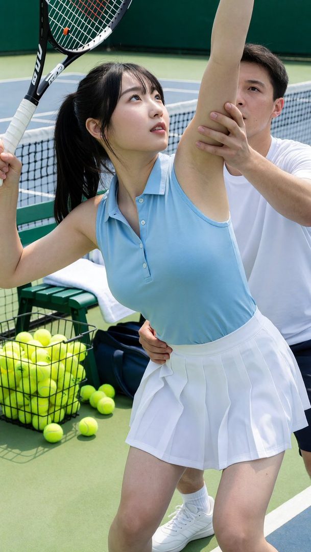 A young woman in a blue sleeveless polo shirt and white pleated skirt practices tennis with a coach on a sunny day.