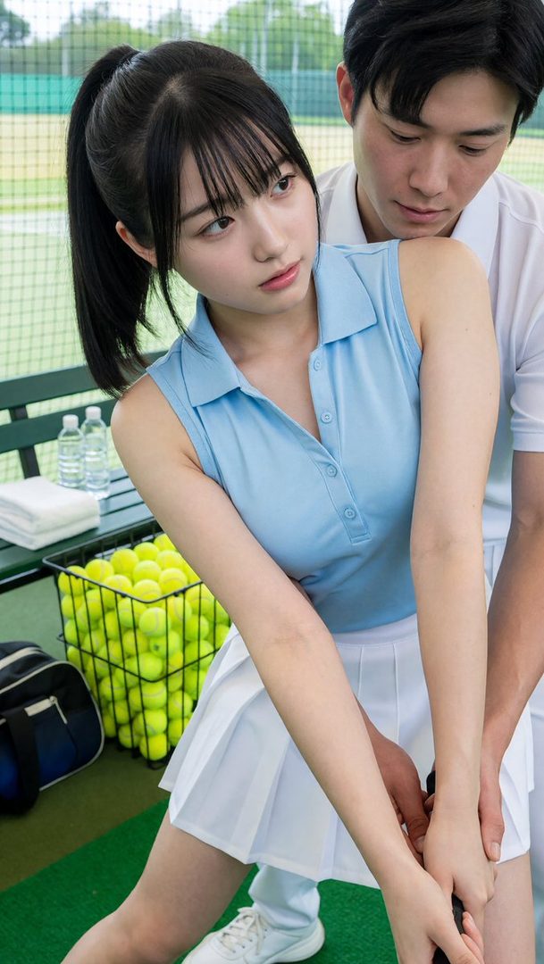 A young woman with black hair in a ponytail and bangs, wearing a light blue sleeveless polo shirt and white pleated skirt, is being coached on her golf swing by a man in a white polo shirt.