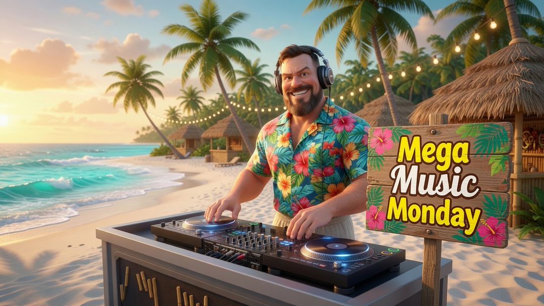 A smiling man with headphones on, wearing a colorful Hawaiian shirt, is DJing on a beach with palm trees and a sign that says 'Mega Music Monday'.