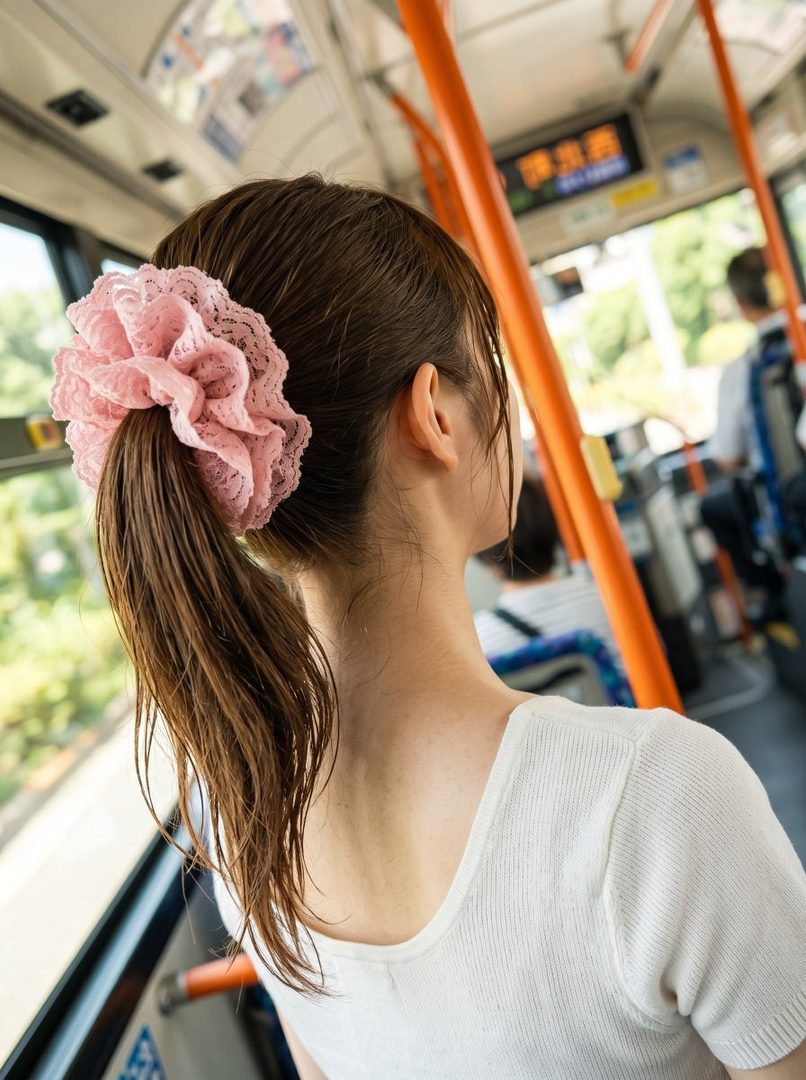 A young woman with brown hair tied in a ponytail with a pink scrunchie, seen from behind, sitting on a bus.