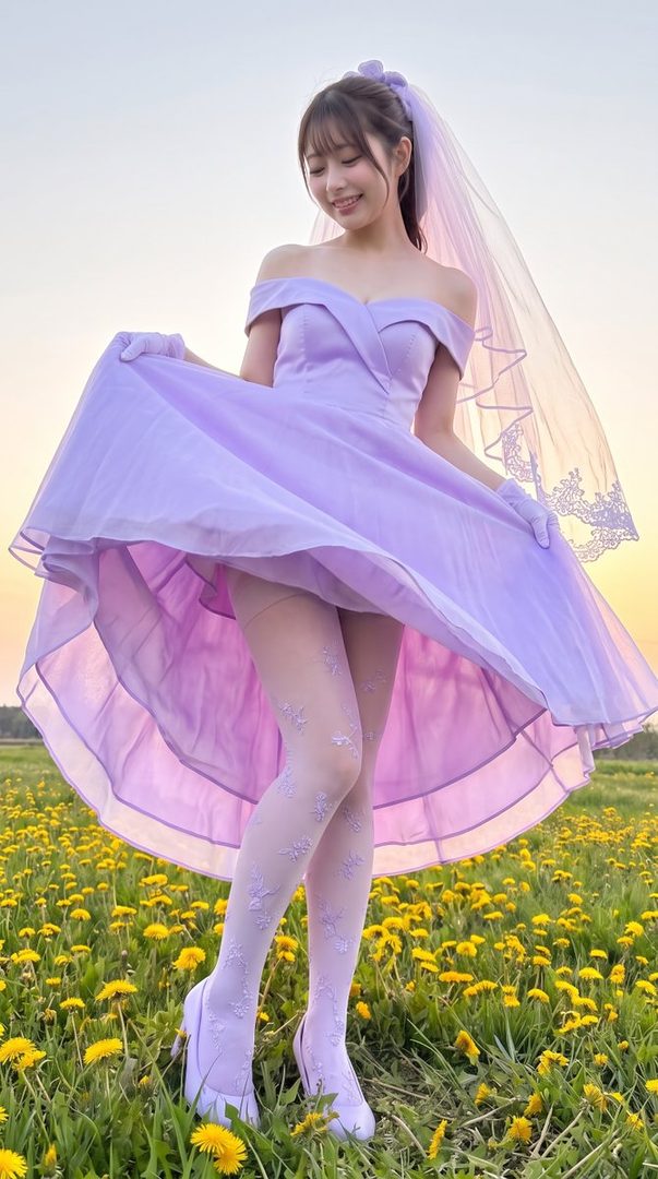 A young woman in a lavender off-the-shoulder dress and matching stockings stands in a field of yellow flowers at sunset.
