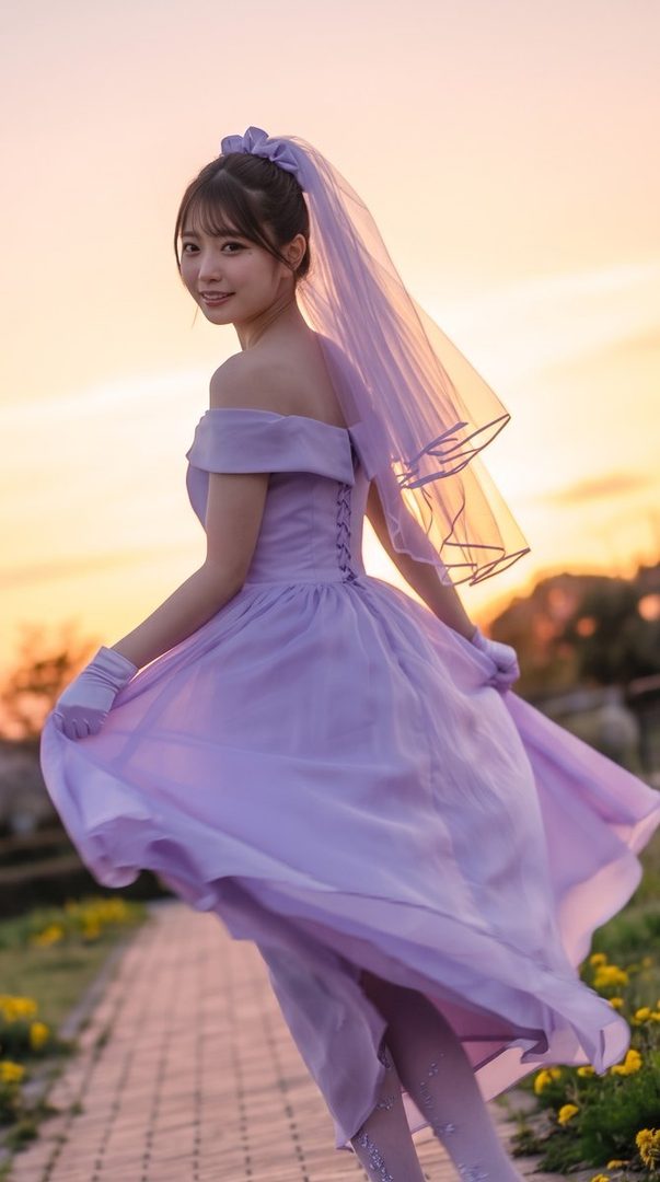 A young woman in a lavender off-the-shoulder dress and veil poses outdoors at sunset.