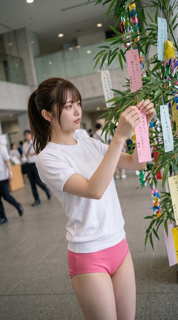 A young woman with a ponytail, wearing a white t-shirt and pink shorts, decorates a bamboo tree with colorful paper strips.