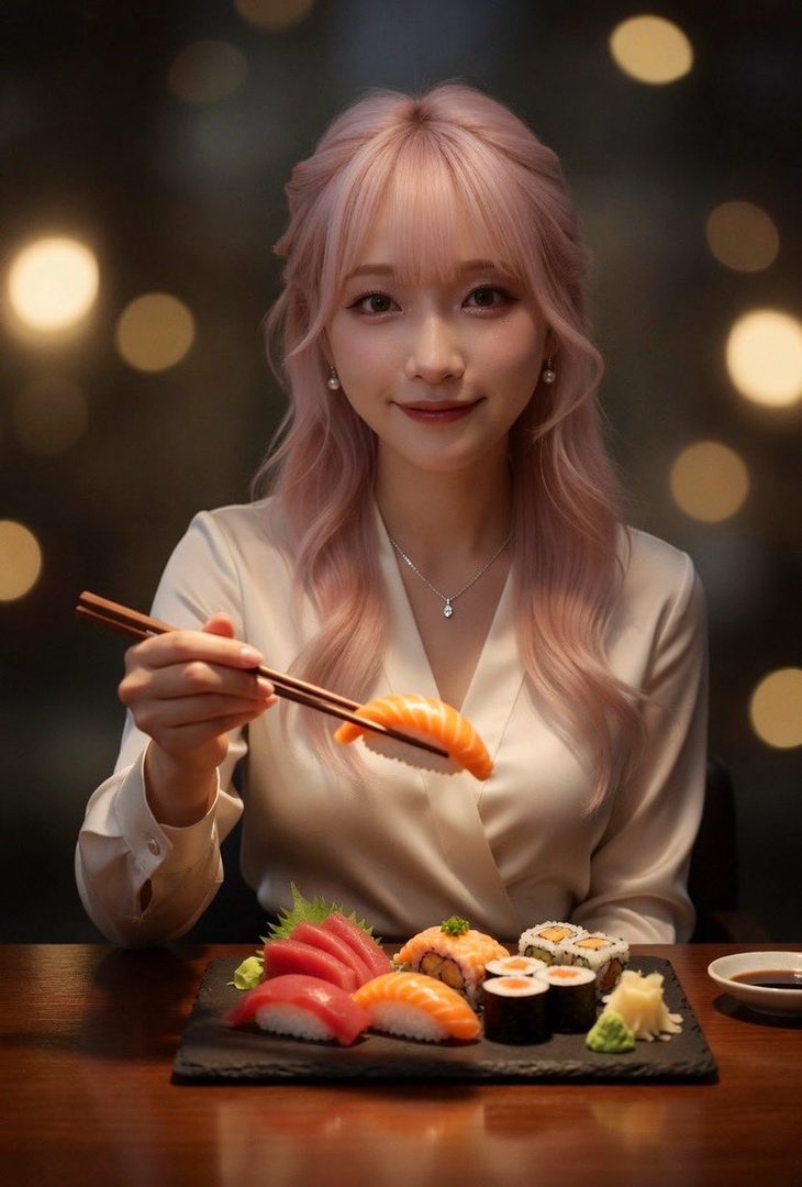 A young woman with pink hair and a white blouse smiles while holding a piece of salmon sushi with chopsticks, with a plate of various sushi and sashimi in front of her.