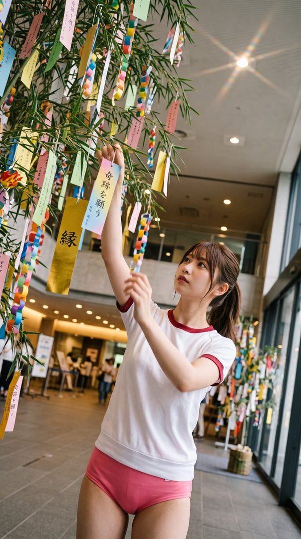 A young woman in a white t-shirt and pink shorts stands indoors, reaching up to a bamboo tree decorated with colorful paper strips.