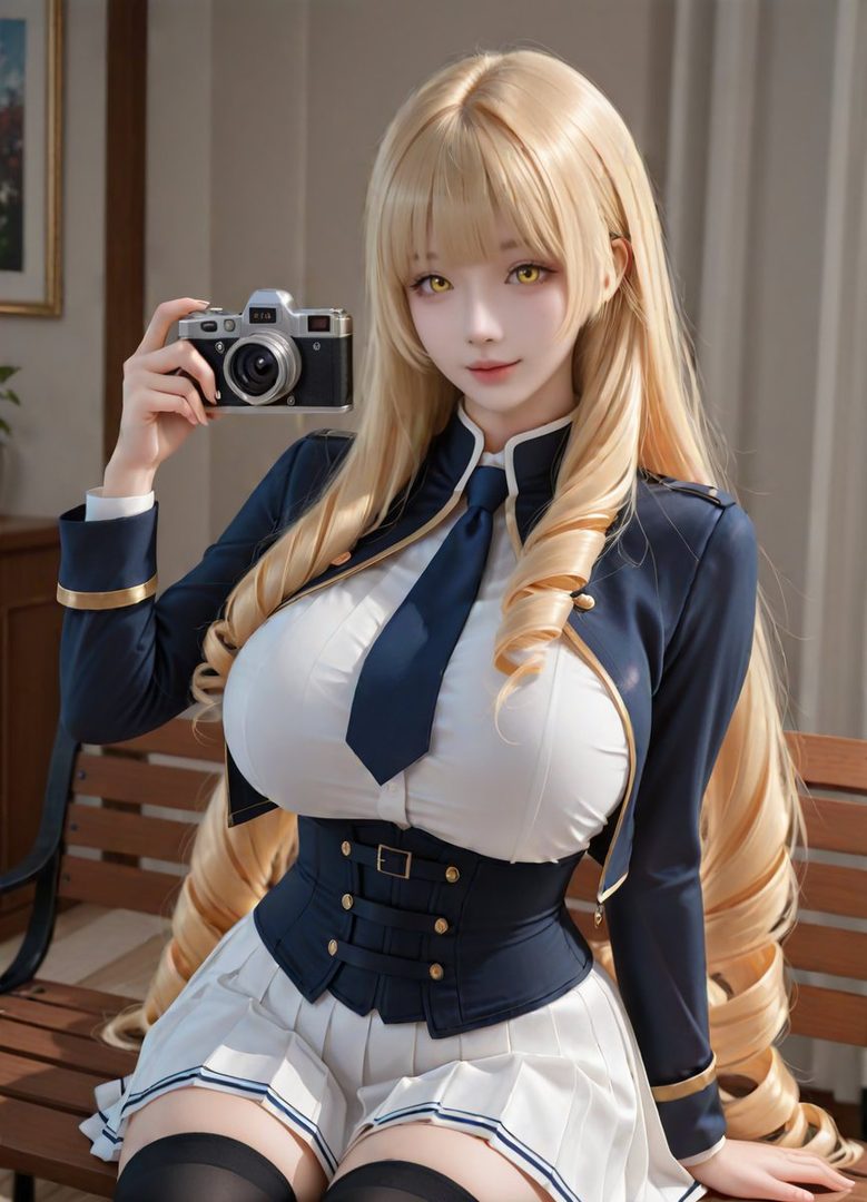 A blonde AI girl in a school uniform-style outfit holds a vintage camera, posing indoors.