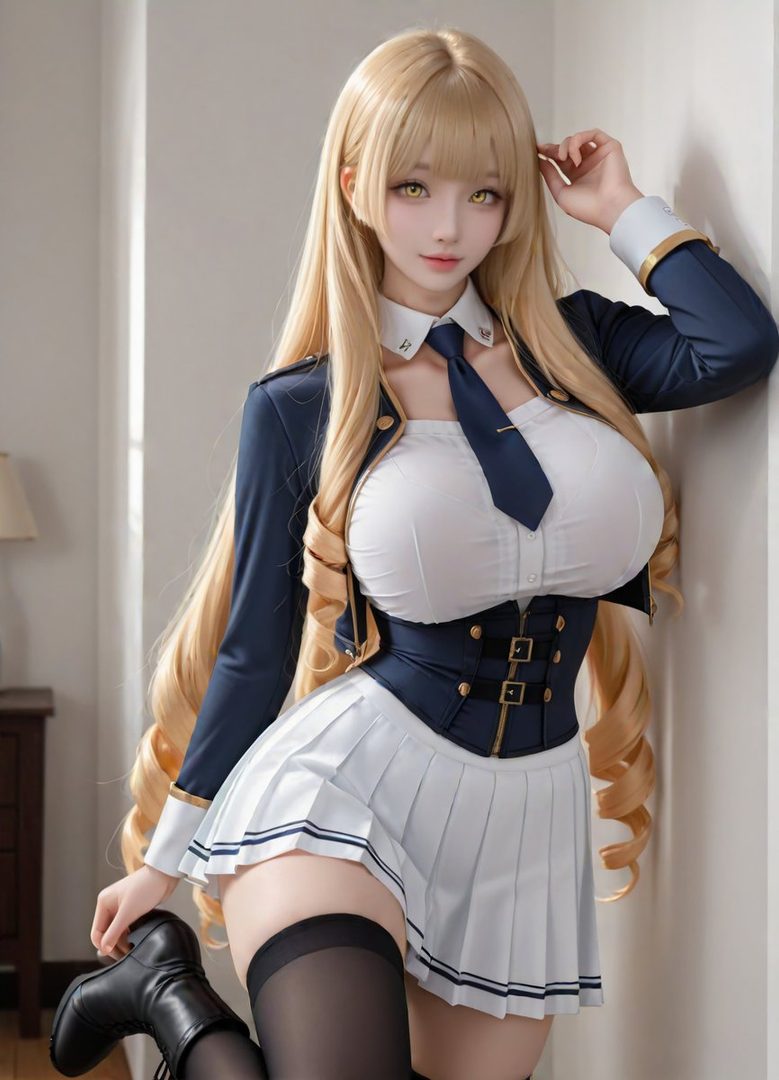 A blonde-haired anime-style woman in a dark blue and white school uniform, posing indoors.