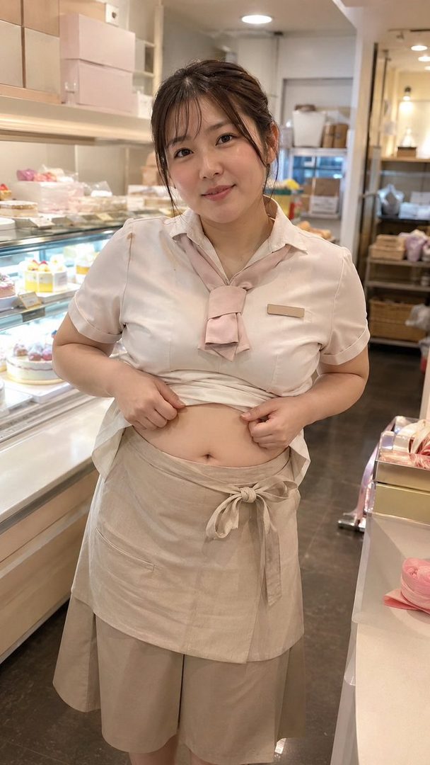 A young woman in a light-colored blouse and skirt, lifting her shirt to reveal her midriff, smiles at the camera in a bakery setting.