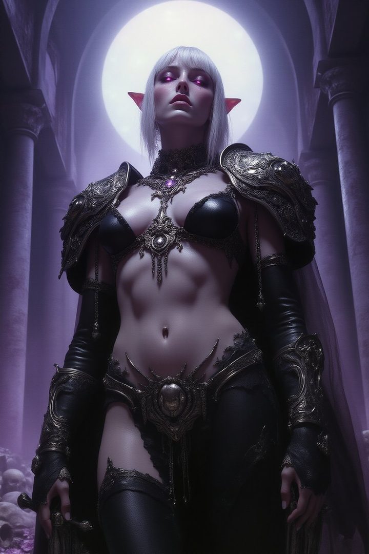 A photorealistic portrait of a dark elf woman with white hair and glowing pink eyes, wearing ornate black armor and revealing attire, standing in a dimly lit, gothic-inspired interior with a large moon or orb in the background.