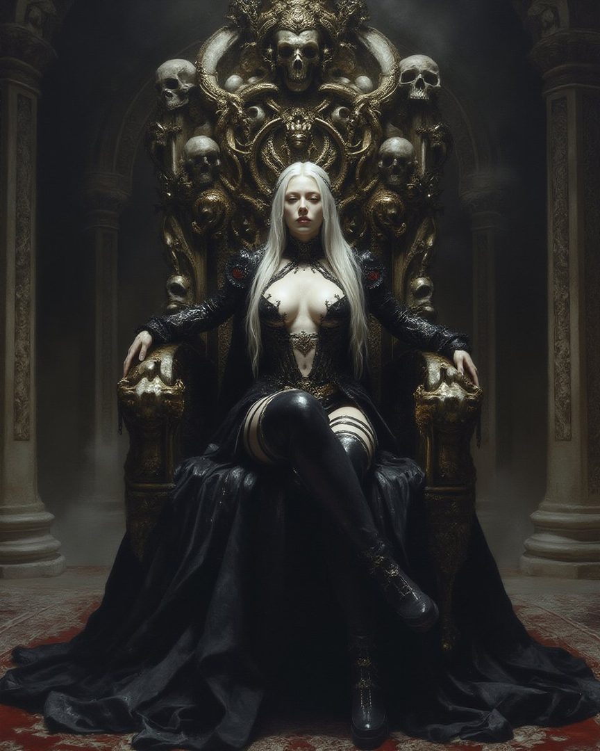 A pale woman with long white hair sits on an ornate, skull-adorned throne, wearing a revealing black gothic dress and thigh-high boots.