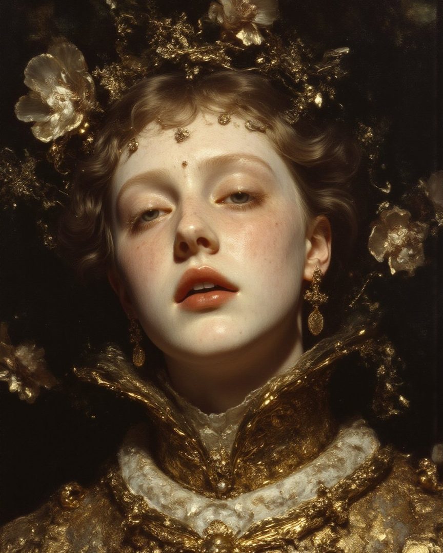 A photorealistic portrait of a young woman with light brown wavy hair, adorned with golden floral ornaments and wearing an ornate golden and white ruffled collar, looking directly at the viewer with a soft expression.