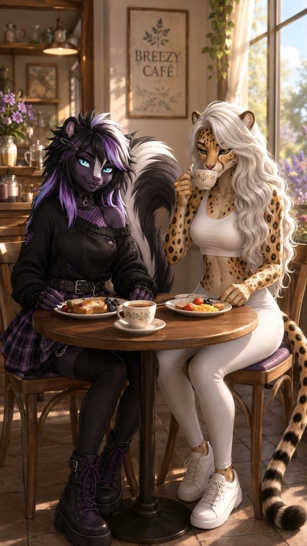 Two anthropomorphic female cheetah and skunk characters sitting at a cafe table, enjoying drinks and snacks.