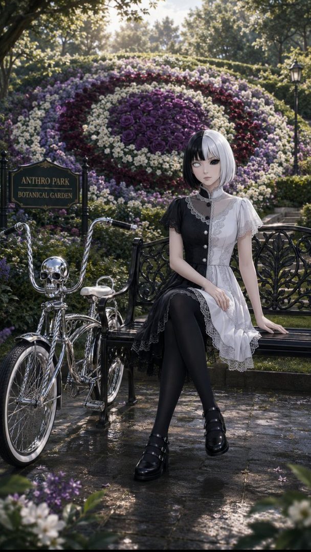 A young woman with split black and white hair sits on a park bench next to a chrome bicycle, wearing a black and white dress.