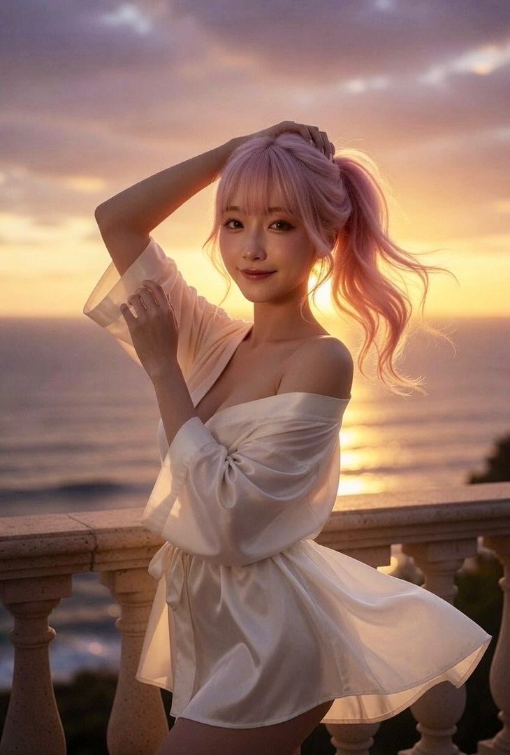 A woman with pink hair in a white robe poses on a balcony overlooking the ocean at sunset.