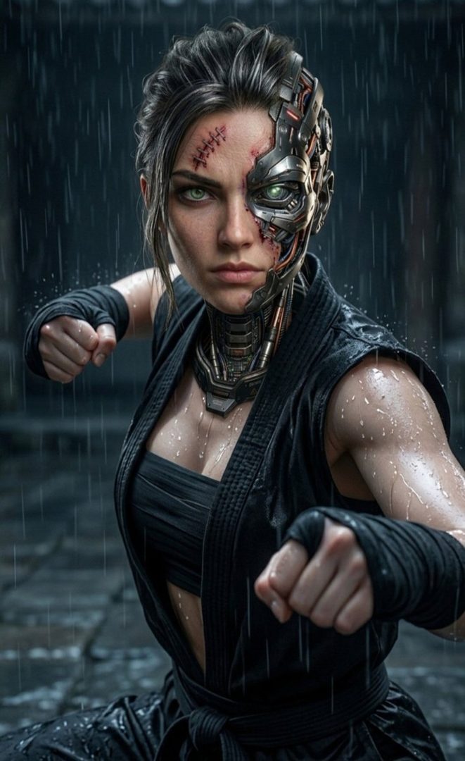 A cyborg woman with a black gi and cybernetic enhancements on her face and neck, posing in the rain.
