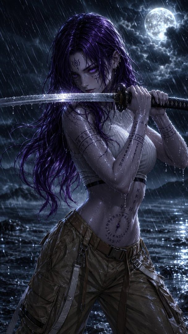 A woman with long purple hair and tattoos holds a sword in the rain at night, with a full moon in the sky.