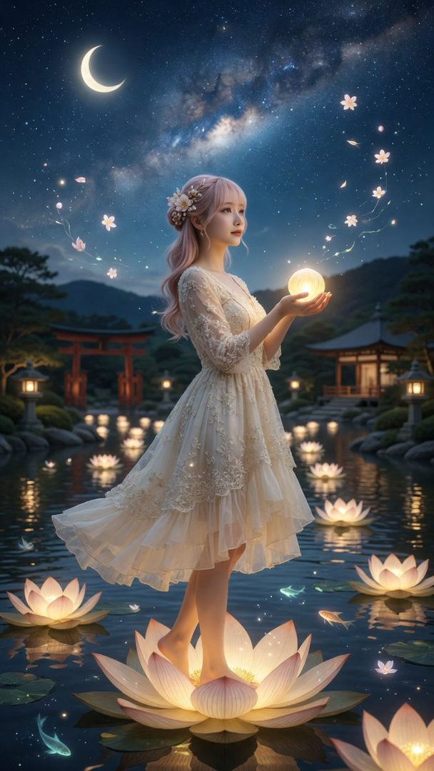 A beautiful woman with pink hair stands barefoot on a glowing lotus flower in a serene Japanese garden at night, holding a luminous orb under a starry sky with a crescent moon.
