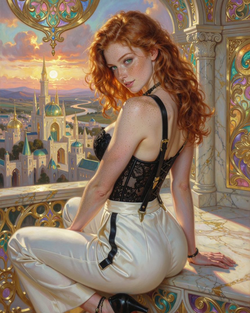 A beautiful woman with long, curly red hair and freckles, wearing a black lace corset and white pants, poses on a balcony overlooking a fantasy city at sunset.