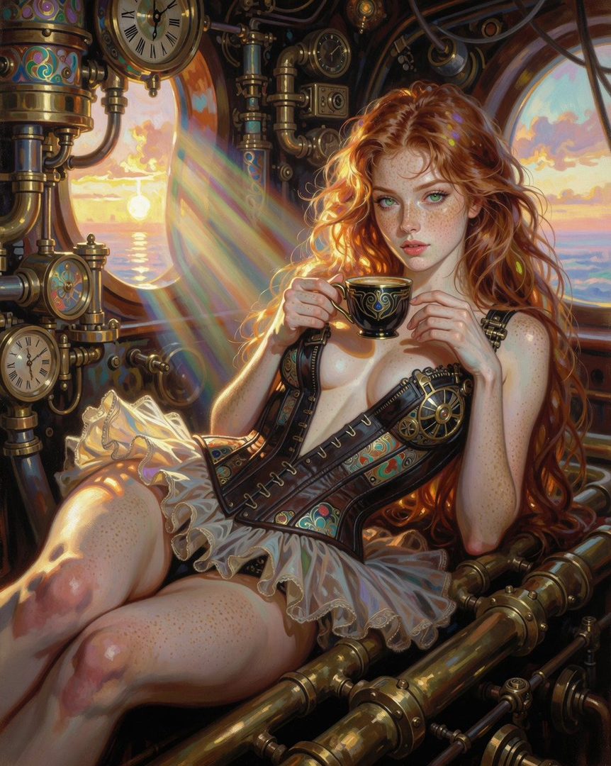 A photorealistic portrait of a young woman with long, wavy red hair and freckles, wearing a steampunk-inspired corset and skirt, holding a teacup. She is sitting in a room filled with brass pipes and clocks, with a window showing a sunset over the ocean.