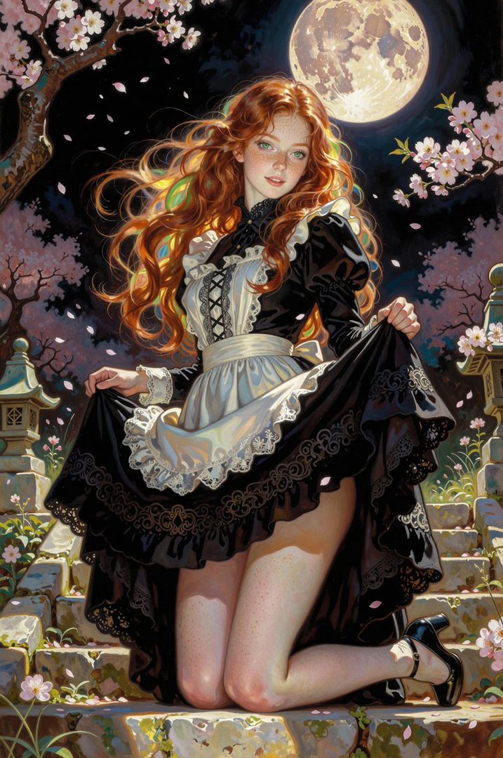 A beautiful AI-generated portrait of a young woman with long, flowing red hair, wearing a black and white maid outfit, kneeling on stone steps under a full moon and cherry blossoms.
