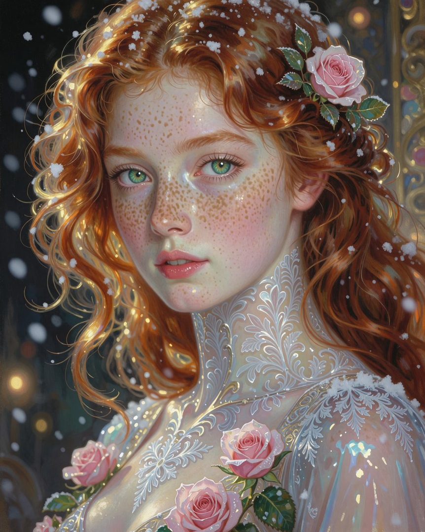 A photorealistic portrait of a young woman with long, wavy red hair, freckles, and green eyes, adorned with pink roses and snowflakes, in a dreamy winter setting.