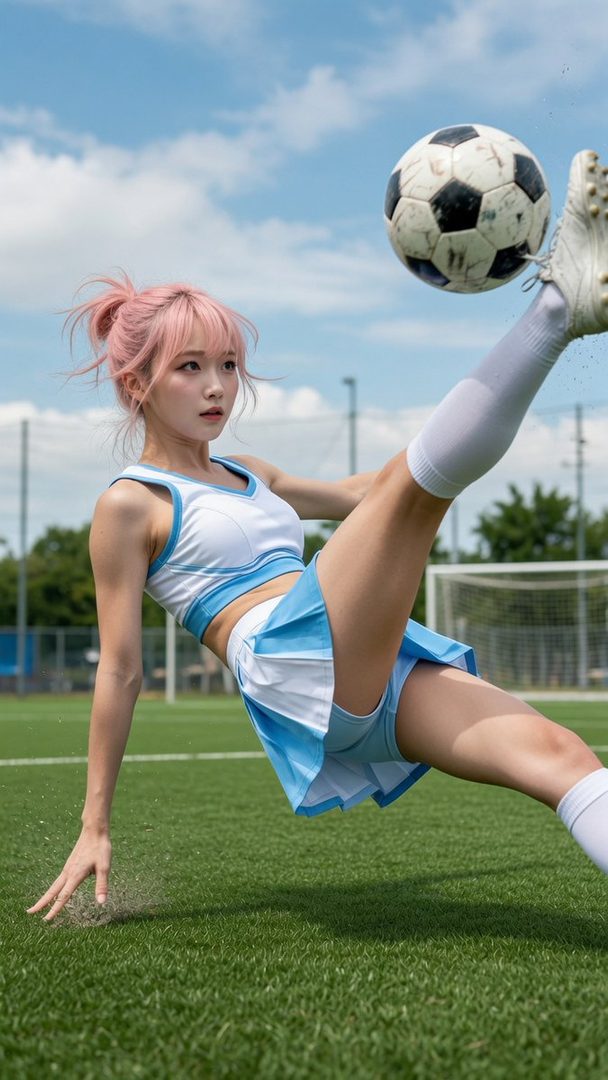 A young woman with pink hair in a cheerleader-style outfit is captured mid-action, kicking a soccer ball on a green field under a blue sky.