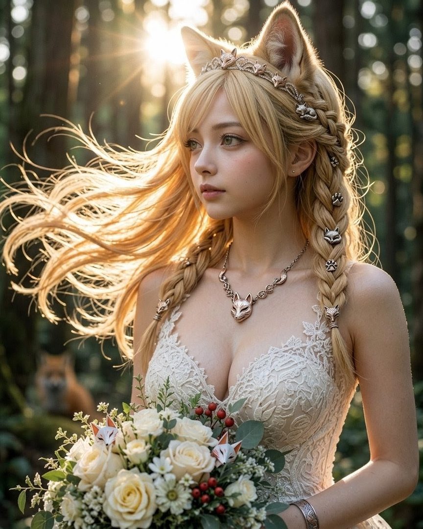 A beautiful AI-generated woman with blonde hair styled in braids, wearing a white lace dress and fox-themed accessories, holding a bouquet of flowers in a sunlit forest.
