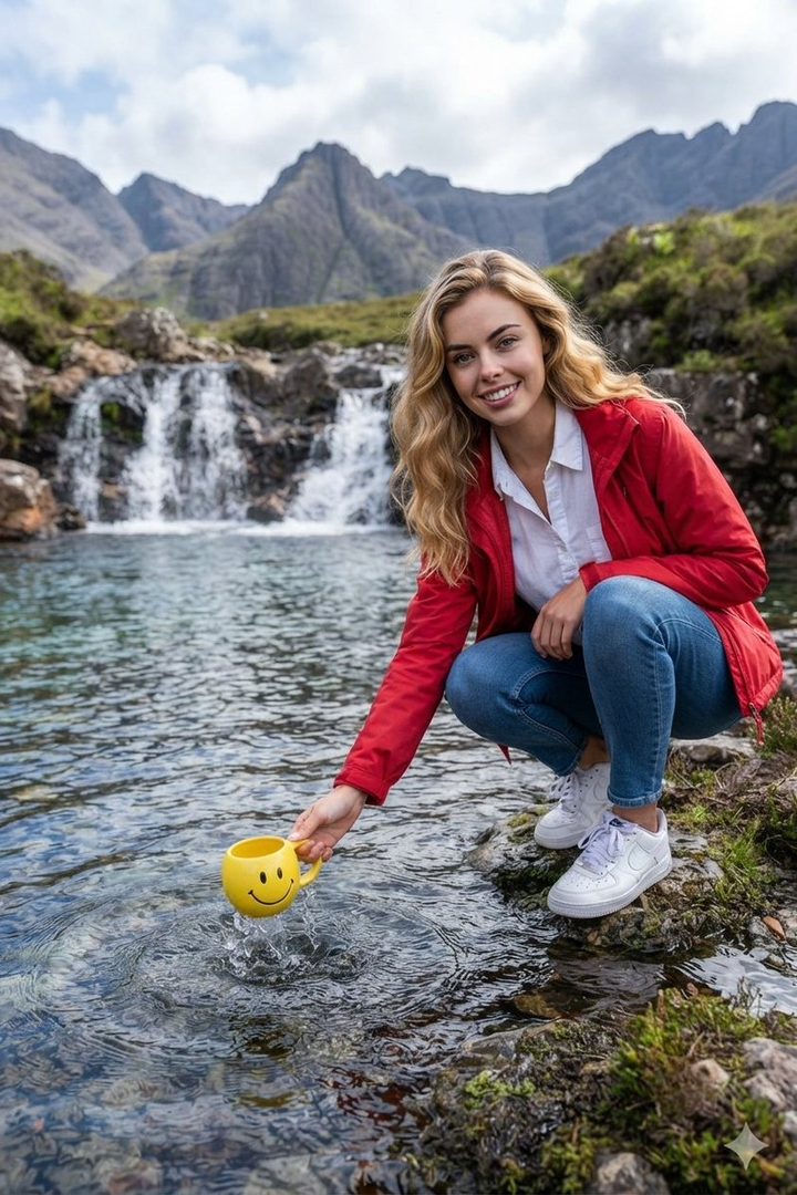 A smiling young woman with long blonde hair, wearing a red jacket and blue jeans, crouches by a clear stream with mountains and a waterfall in the background, holding a yellow smiley face mug in the water.