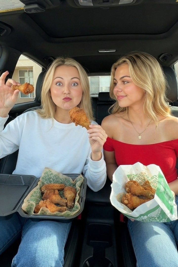 Two young women with blonde hair sitting in a car, holding and eating fried chicken.