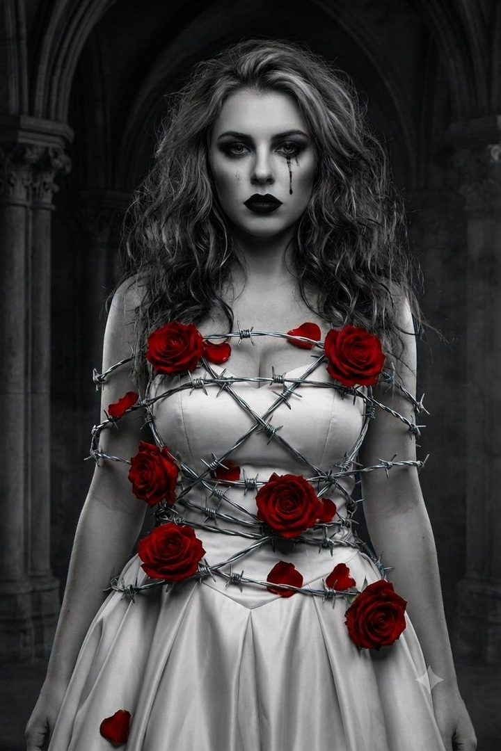 A woman in a white dress adorned with barbed wire and red roses, with dramatic makeup and a tear streak, posing indoors.