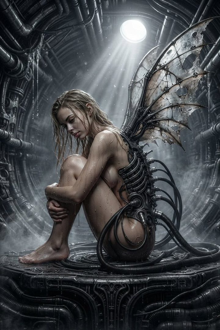 A cyborg fairy with metallic wings sits in a dark, industrial environment, looking down with a melancholic expression.
