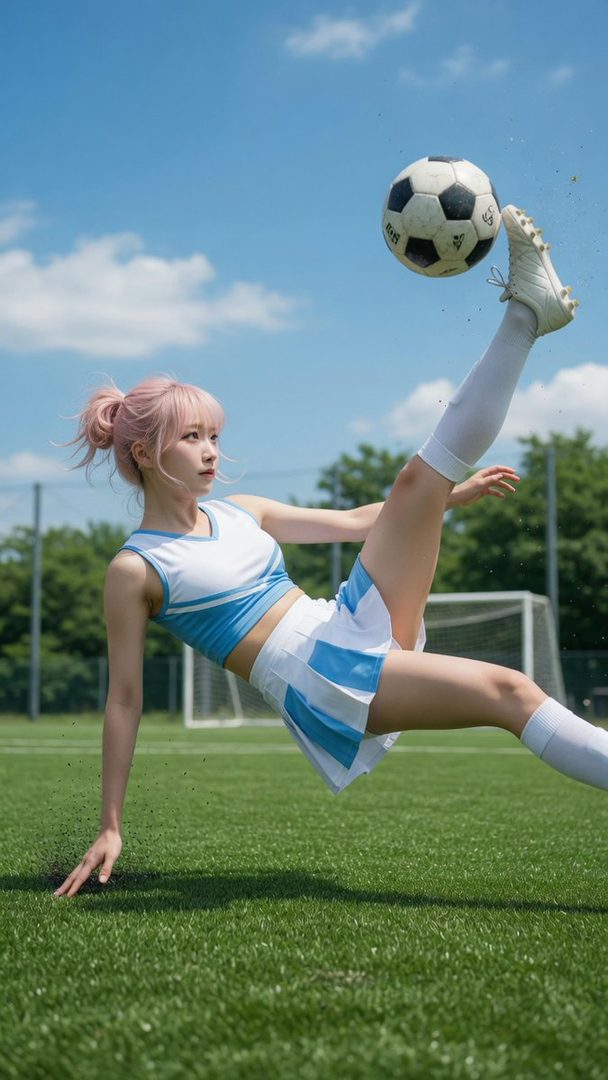 A young woman with pink hair in a soccer uniform kicks a soccer ball high into the air on a sunny day on a green field.