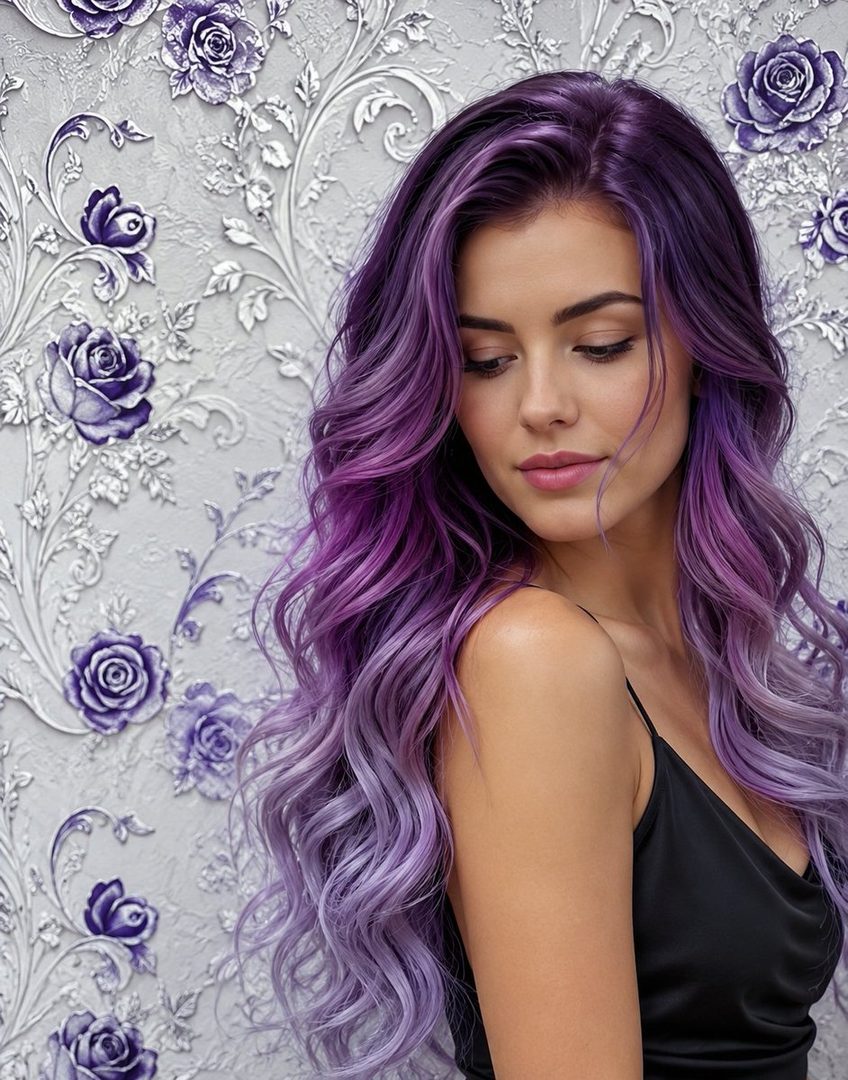 A woman with long, wavy purple ombre hair looking down, wearing a black camisole, against a floral embossed background.