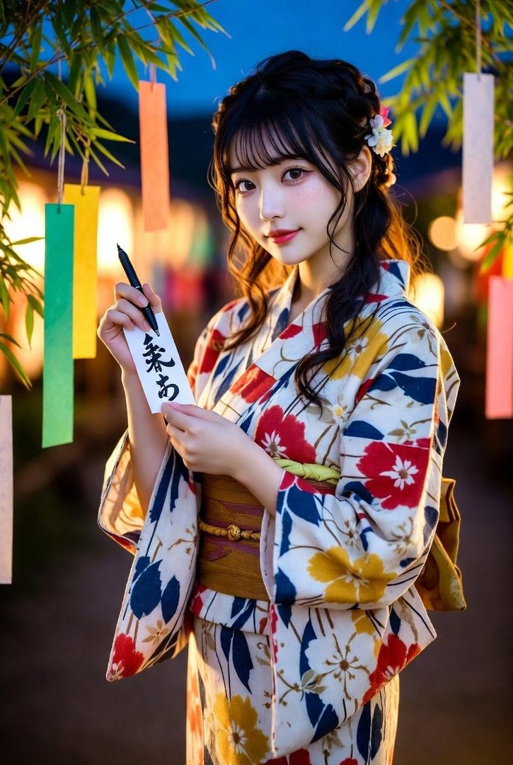 A young Japanese woman in a colorful yukata writes on a tanzaku paper under a starry night sky with bamboo leaves.