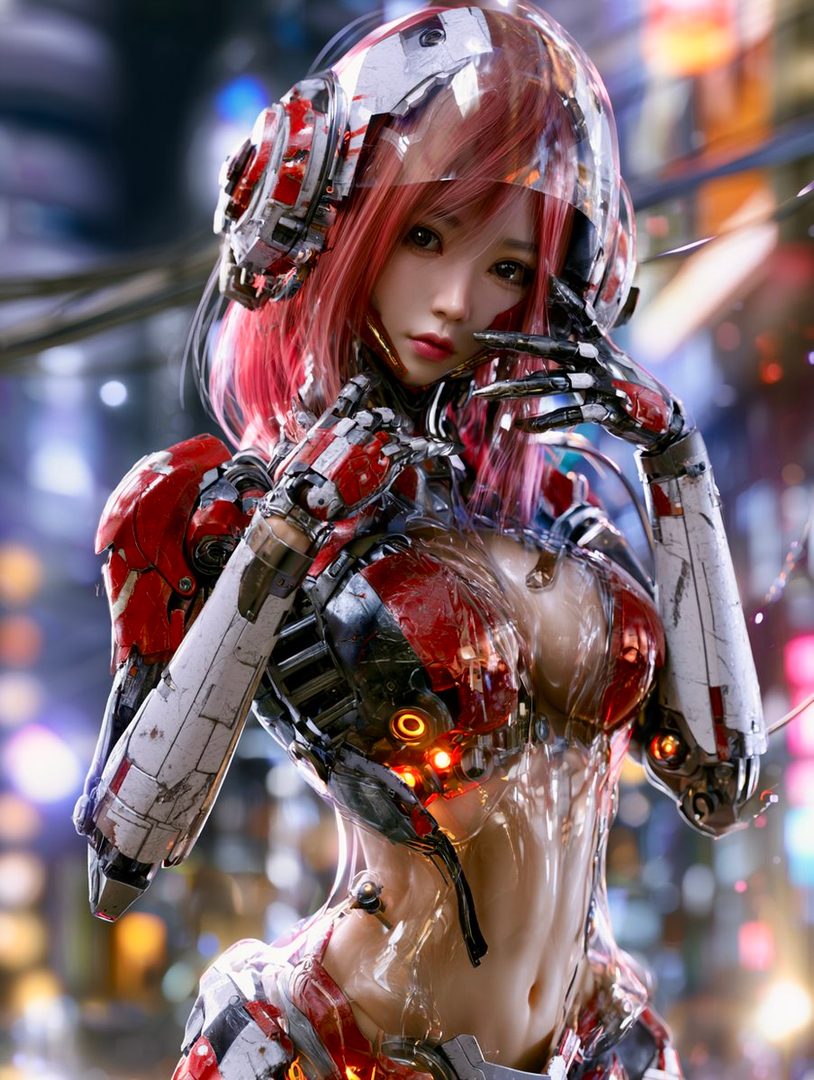 A photorealistic AI-generated portrait of a young woman with vibrant pink hair, wearing a futuristic cybernetic suit with red and white accents, set against a blurred city background at night.