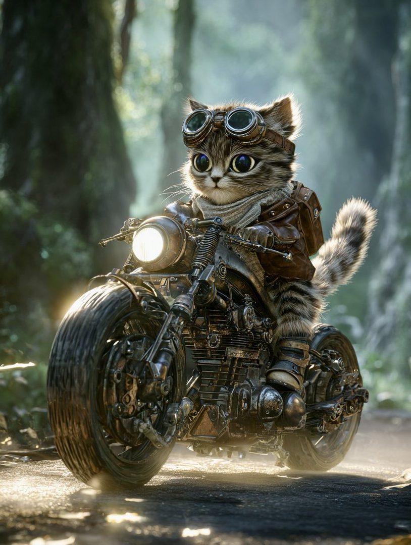 A cute tabby cat wearing a leather jacket and goggles rides a motorcycle through a forest.