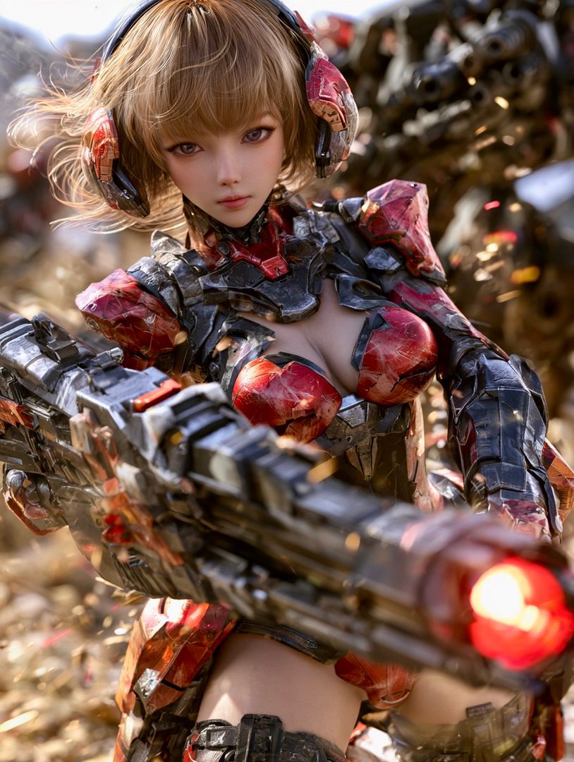 A photorealistic AI-generated portrait of a young woman in futuristic armor holding a weapon, with a sci-fi background.