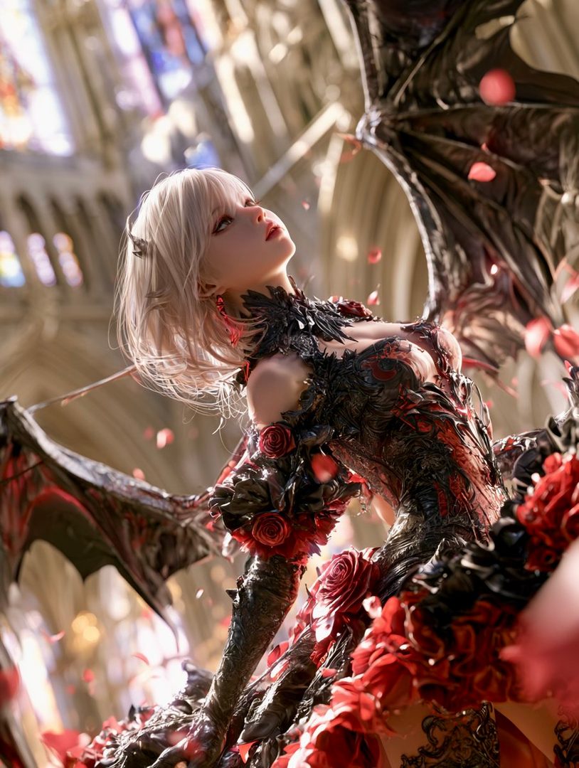 A photorealistic portrait of a woman with blonde hair and striking red eyes, wearing a dark, ornate dress adorned with red roses and black wings, posing in a gothic cathedral setting with rose petals falling.